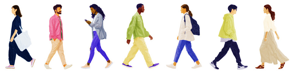 Naklejka premium Young people dressed casually are walking around doing various activities. Illustration graphic design