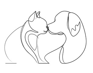 Continuous line drawing of a cat and dog facing each other