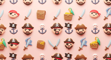 Cute Kawaii Pirate Seamless Pattern 3D Wallpaper Design. International Talk Like a Pirate Day