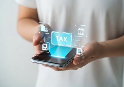 Tax Planning and Financial Compliance Concept. Businessperson points to tax icon on with finance, calendar, and audit symbols representing tax processes. state taxes, documents, reports, taxation,