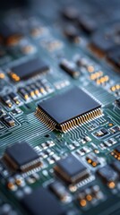 Fototapeta premium Exploring the miniature world of modern electronics a detailed close up of a vibrant green printed circuit board highlighting the complexity of its microchip and soldered components.