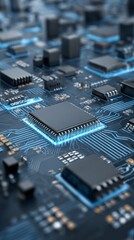 A detailed close up macro photograph of a complex printed circuit board with many integrated electronic components chips and pathways showcasing modern technological intricacy and design.