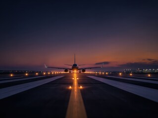 Lone Aircraft Taxiing with Illuminated Path at Dusk Under a Clear Twilight Sky
