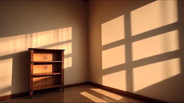 Sunlight streams through a window, casting soft shadows on a simple wooden bookcase in a muted room.