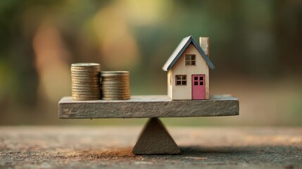 Balancing Home and Wealth with Coins on a Scale in Natural Light