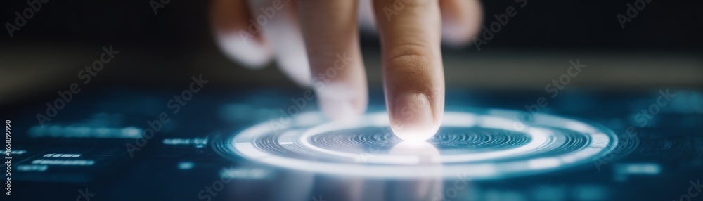 Wall mural a person s index finger presses a glowing digital button on the sleek touchscreen of a modern tablet