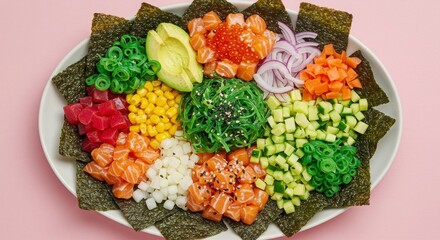 Fototapeta premium Plate of vibrant poke nachos with seaweed chips, fusion snack for healthy meal preparation