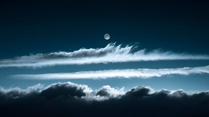 Mystical full moon glowing through dramatic dark clouds in the night sky, creating a serene and mysterious atmosphere, perfect for backgrounds, nature, and spiritual concepts.