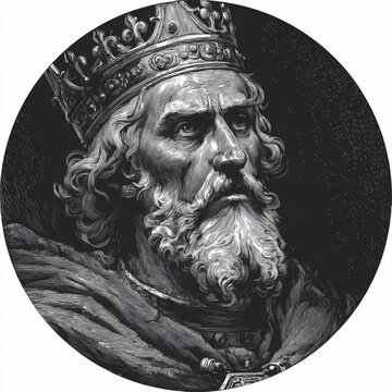 King Portrait Royalty Monarch Crown Whitebeard Mature Expression Heroic Regal Artwork Illustration Medieval Face Character Detail Blackandwhite Serious 
