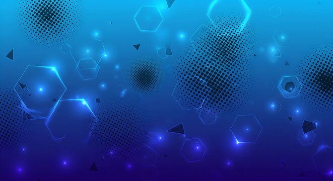 Abstract futuristic blue background with glowing geometric shapes and halftone elements