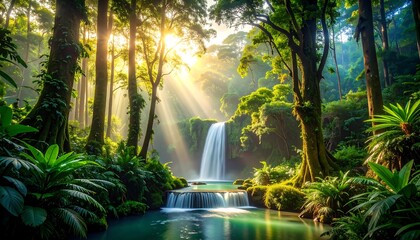Sunlit Waterfall with Lush Rainforest.