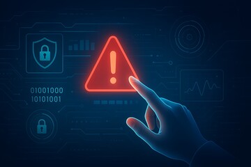 Cybersecurity alert interface with hand interacting with digital warning symbols and data threat indicators on futuristic screen concept. 