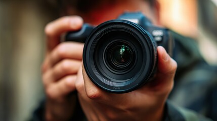 A close-up of a person holding a camera, focusing on the lens, capturing a moment in a vibrant urban environment.