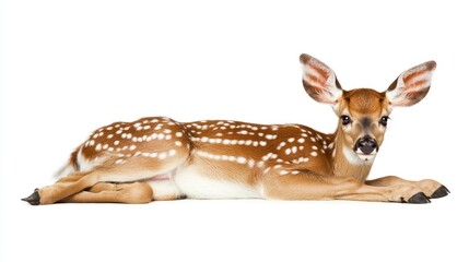 A white-tailed deer fawn lying on its side with its head turned to the side.