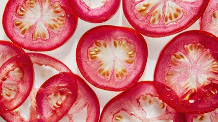 Freshly sliced tomatoes arranged beautifully on a white background, perfect for culinary presentations.
