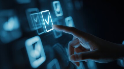 A hand interacts with a digital interface, selecting a checkbox, symbolizing task completion or approval in a modern, technological environment.