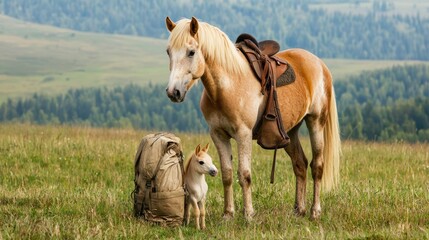 Obraz premium A horse and a dog standing in a grassy field with a backpack and a small dog next to it.