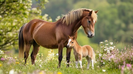 Fototapeta premium A brown horse and a foal standing in a meadow with flowers.