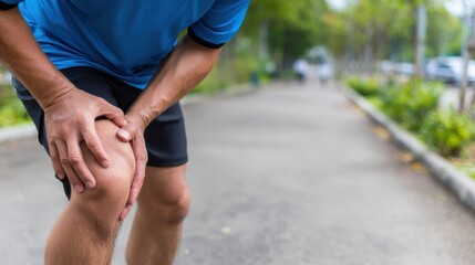 A person holds their knee in pain while jogging on a pathway, indicating a potential injury or discomfort during physical activity.