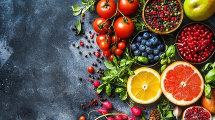A vibrant display of fresh fruits and vegetables on a rustic wooden table, with a dark gray stone background.