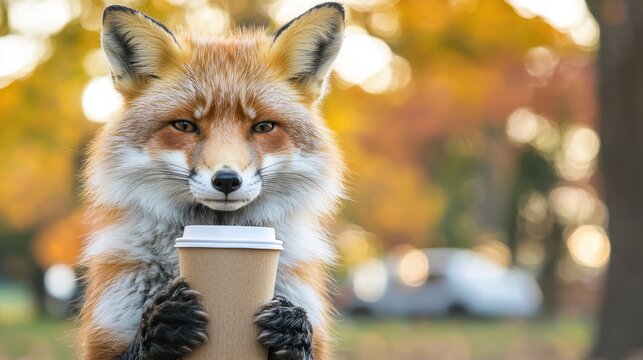 A fox holding a coffee cup in a park with autumn leaves in the background.