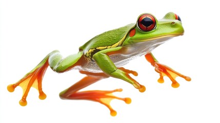 Obraz premium A red-eyed tree frog with green limbs and orange feet, jumping against a white background.