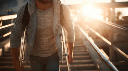Man with Crutches Walking Up Stairs at Sunset in Urban Setting
