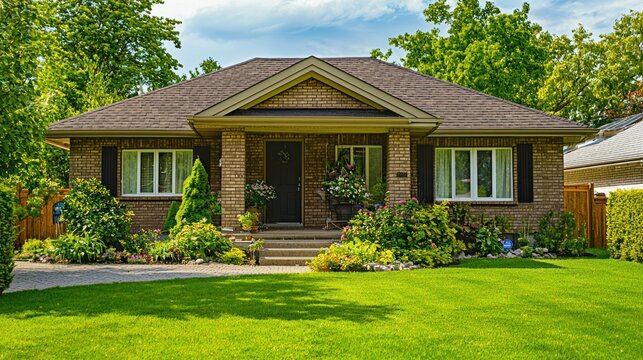 A two-story brick house with a green roof and a lawn in front.