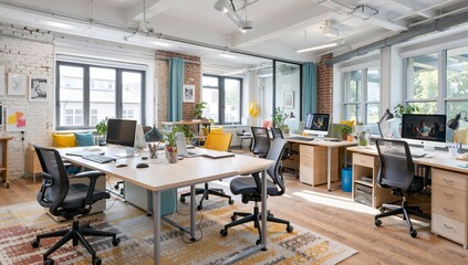 Bright and airy modern office space filled with natural light, featuring contemporary desks, ergonomic chairs, and plants.