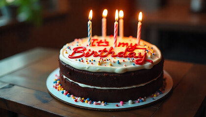 Dark chocolate cake with red icing stripes, candles lit, and “It’s Birthday” written on top.