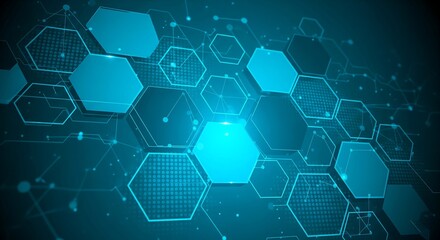 Digital network connectivity and technology in a modern technological design with neon blue hexagonal shapes and connected dots