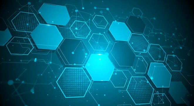 Digital network connectivity and technology in a modern technological design with neon blue hexagonal shapes and connected dots