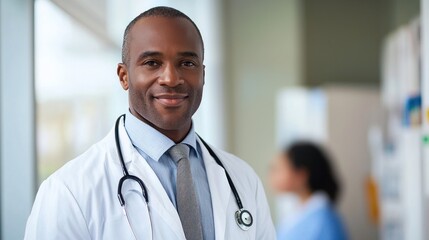 A smiling African American male doctor in a white coat with a stethoscope around his neck, standing in a hospital corridor with a blurred background.
