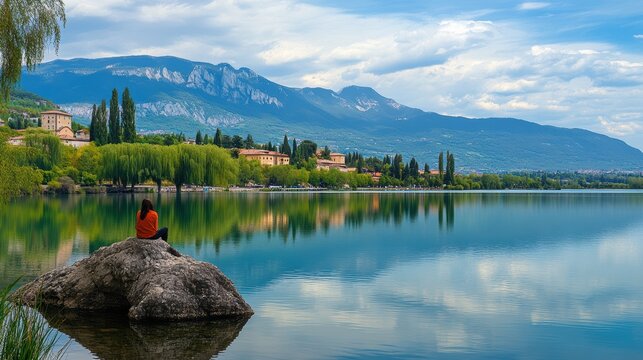 Man relaxing by lake with mountain view
 - Powered by Adobe