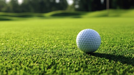 Obraz premium A white golf ball on a green grassy golf course with a blurred background.