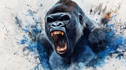 A fierce, angry gorilla with a blue and black paint splatter background.