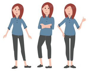 Fototapeta premium Vector cartoon illustration of women in casual dress in 3 posture