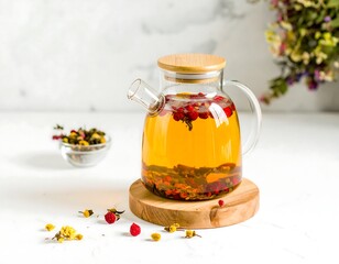 Glass teapot with herbal tea and berries