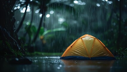 The tent glows warmly against the cool rain, offering peace and tranquility.