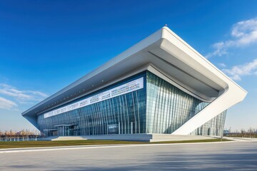 Obraz premium Contemporary white conference center with blue sky 