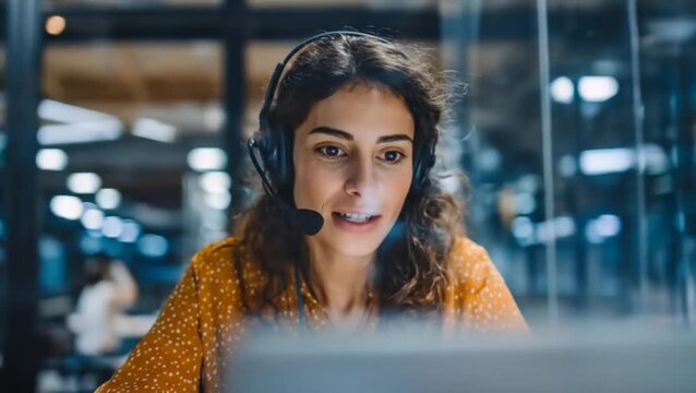 Customer service representative with headset working on laptop computer