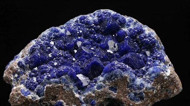 A mineral specimen features deep blue azurite crystals on a rough tan matrix against a stark black background