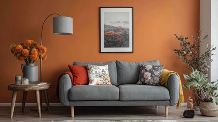 Modern living room with orange wall, curved floor lamp and cozy grey sofa with colorful pillows. Mock up poster frame.