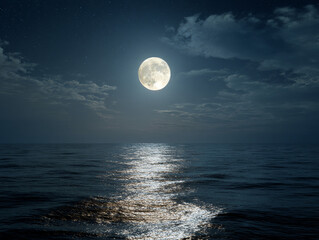 Full moon over ocean at night moonlight reflection on sea water scenic landscape background wallpaper image