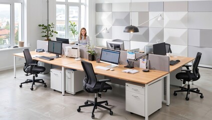 A bright, modern office space featuring a smiling woman working at a shared desk with multiple computers and ergonomic chairs.