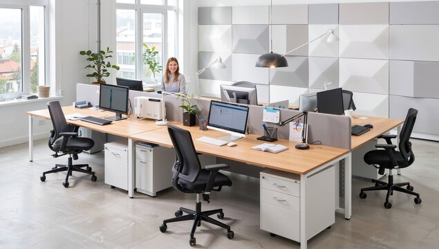 A bright, modern office space featuring a smiling woman working at a shared desk with multiple computers and ergonomic chairs. - Powered by Adobe