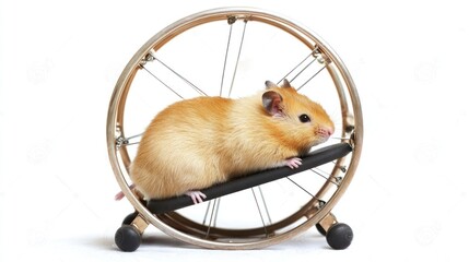 A golden hamster sitting in a metal wheel on a white background.