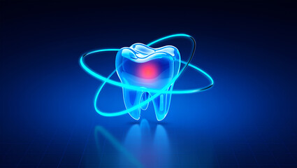 Glowing tooth with blue light orbits and red core dental health
