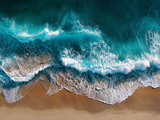 Fototapeta premium Aerial beach ocean waves turquoise water sand coastline summer vacation paradise seascape coastline views