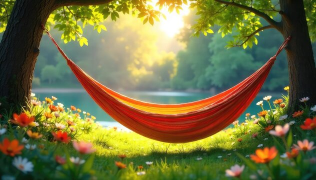 Sun-drenched hammock sways gently in a breeze, surrounded by lush greenery and wildflowers Perfect lazy summer day vibes Escape the everyday Relax and unwind , wildflowers, breeze, tranquil